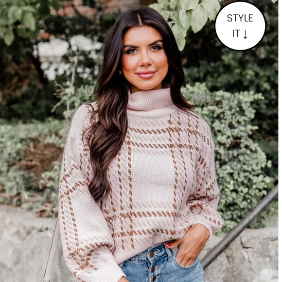 Pink Lily: NOTHING ON YOU PINK AND BROWN PLAID TURTLENECK SWEATER - Picture 2 of 3